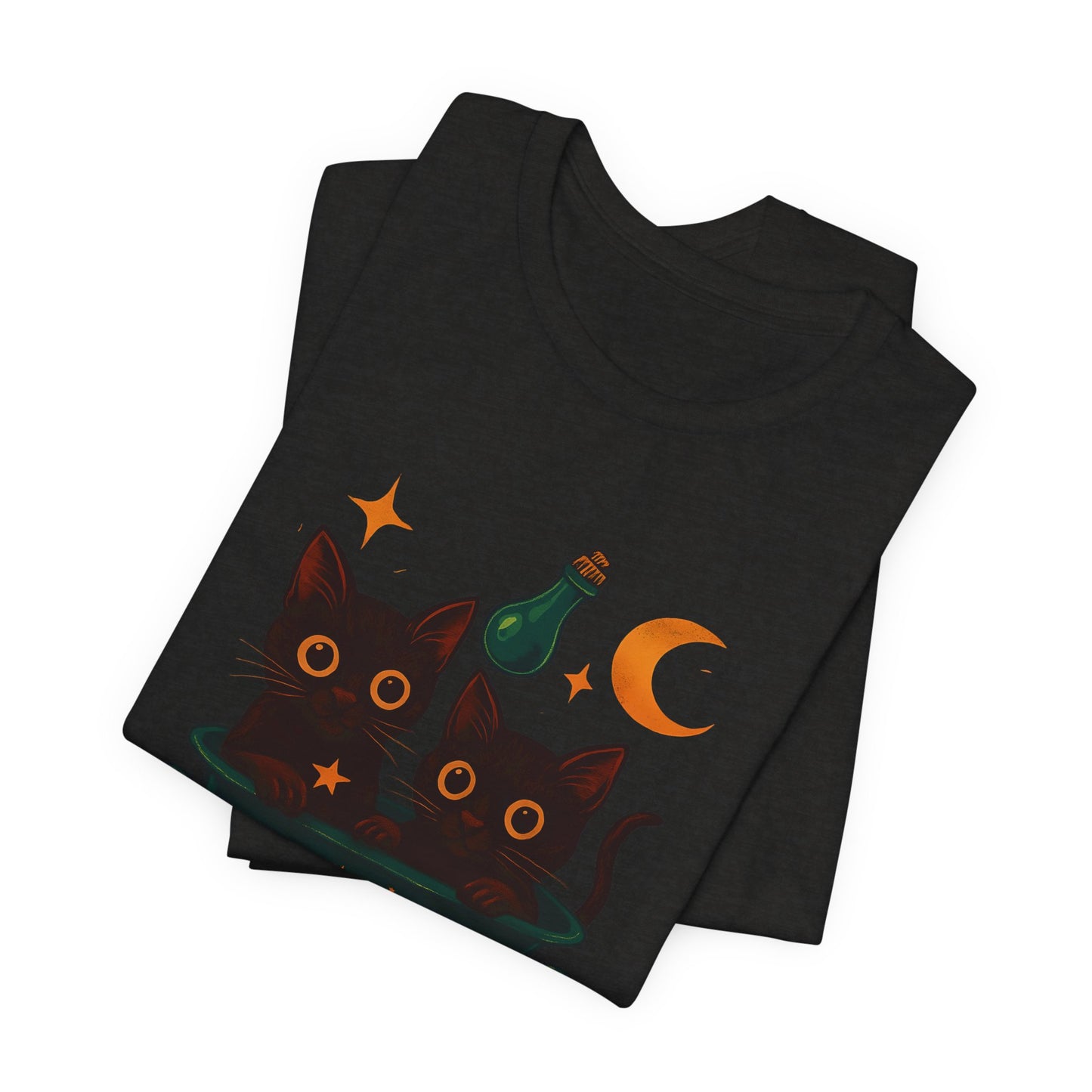 Brew Up Some Trouble Cat Witchy T-shirt, The seamless blend of mystical charm and humor makes this shirt a must-have for any lover of cute Halloween cat apparel.