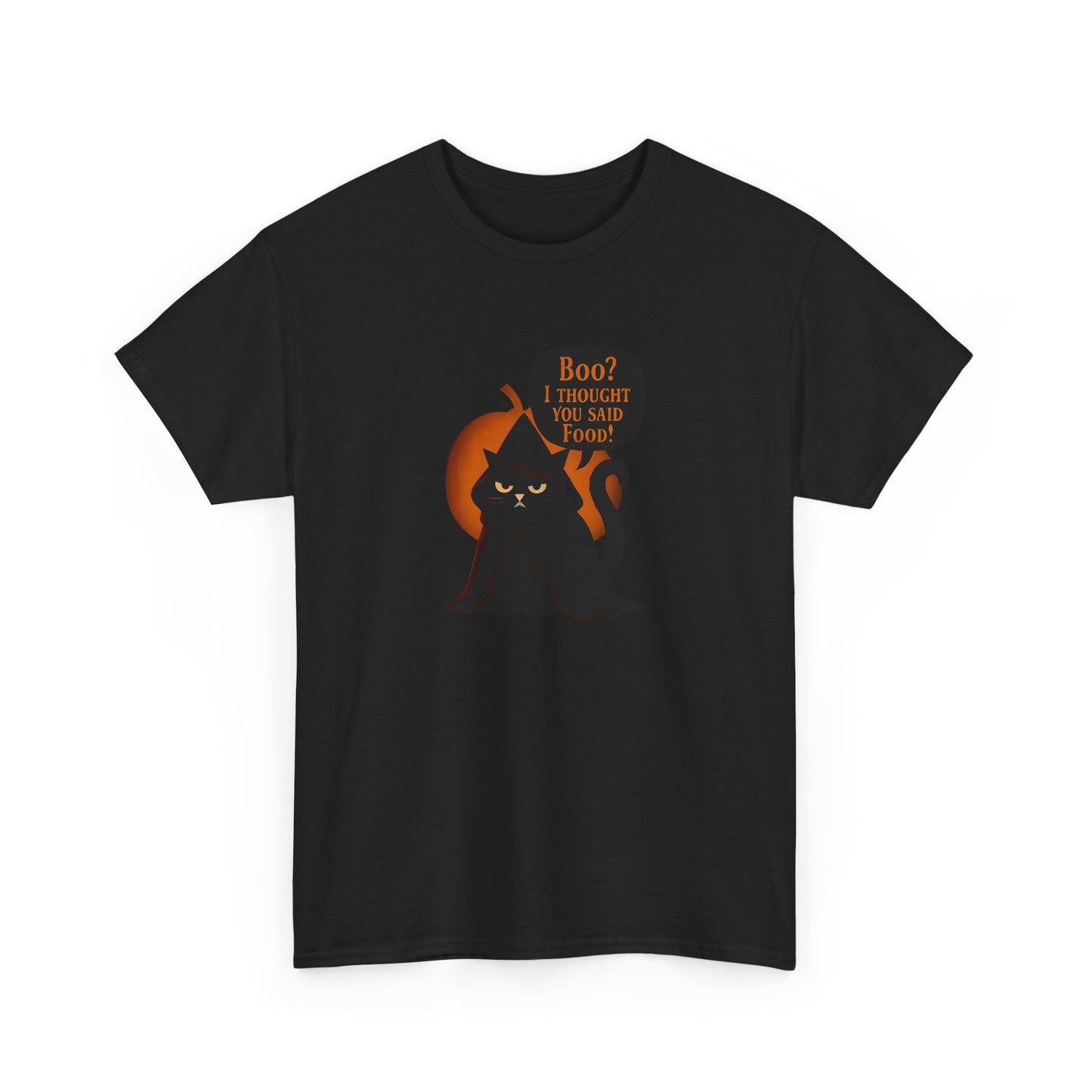 Boo? I Thought U Said Food Halloween T-Shirt, The funny fat cat illustration captures the heart of all who adore their feline friends, especially those who can't resist a chuckle over cat food antics.