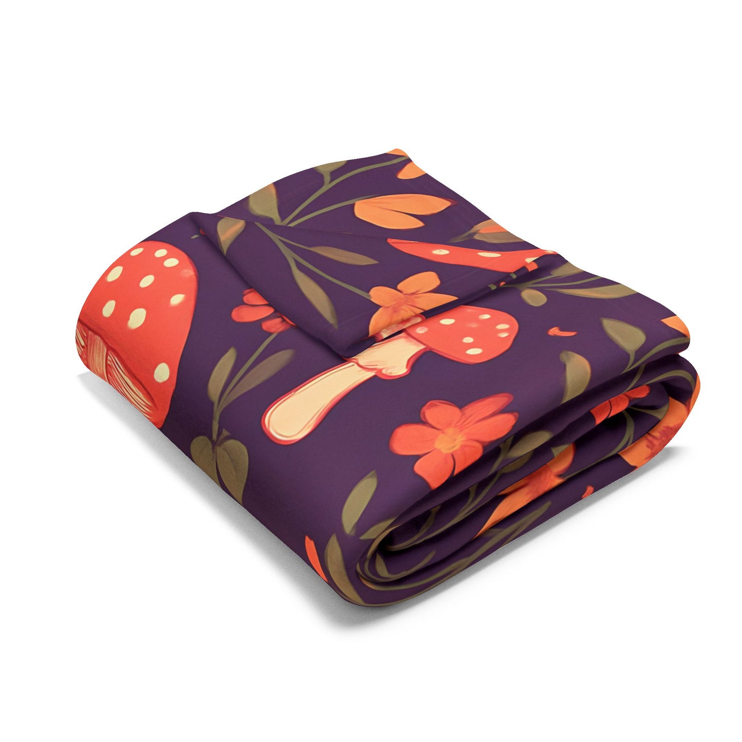 Cozy Mushroom Blanket, The enchanting mushroom pattern, set against a rich plum throw, turns any sofa into an autumnal paradise.