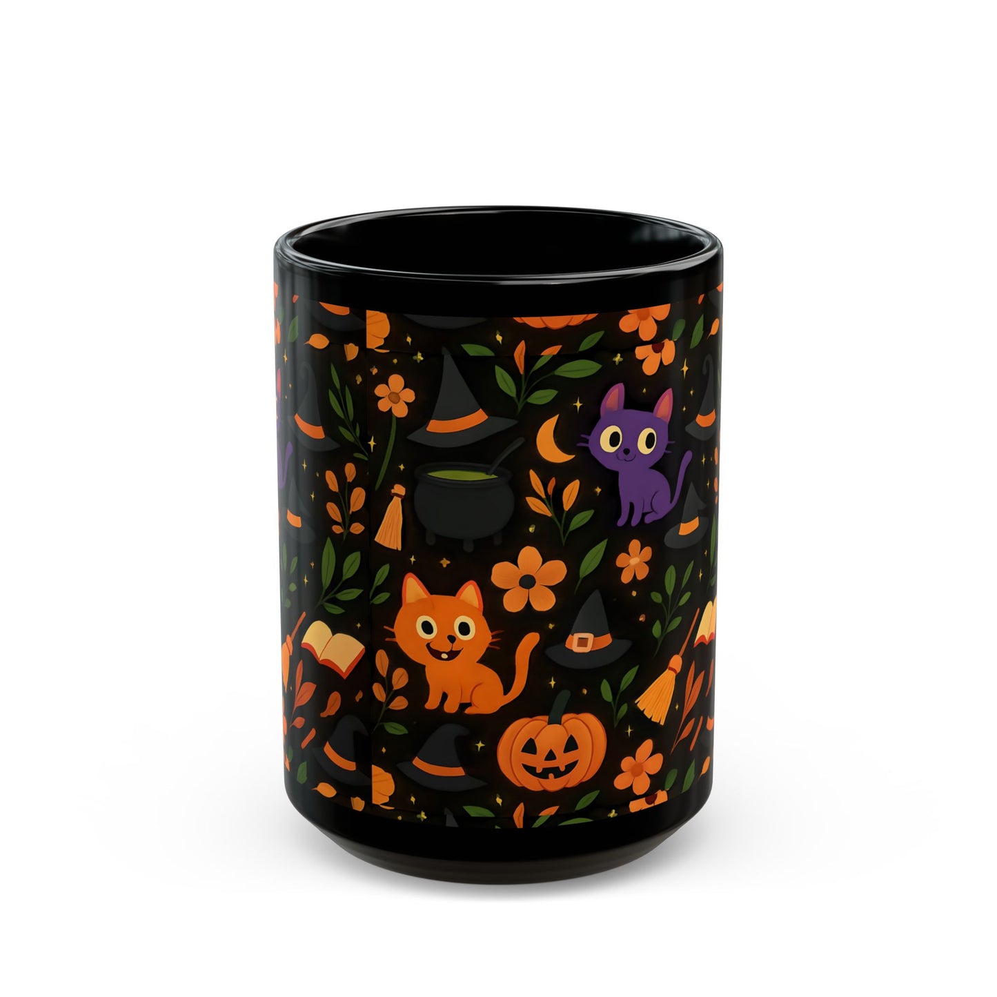 Colourful cat Halloween mug,featuring a cheeky cat with all things Halloween, making it the perfect spooky mug for both hot chocolates and enchanting brews.