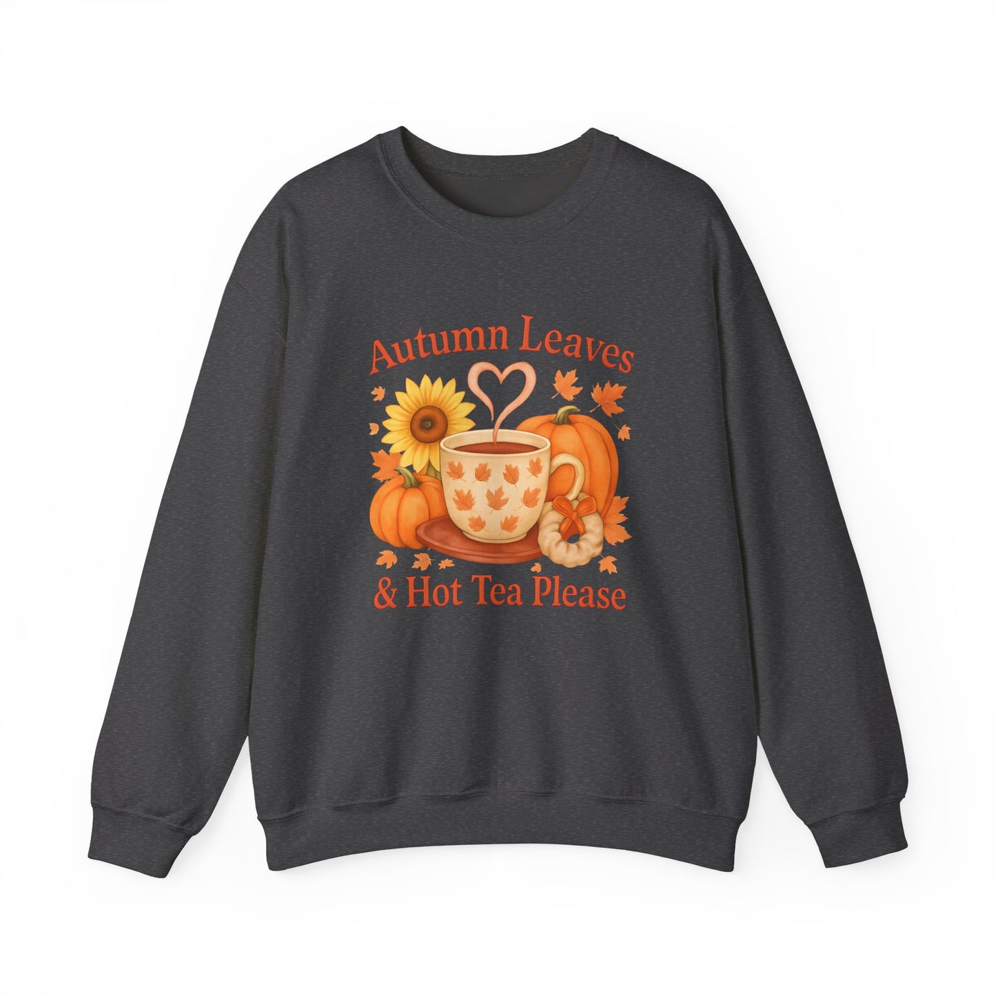 Autumnal Leaves and a Cup of Tea Sweatshirt, Imagine sipping on a warm cuppa, perhaps a delightful Yorkshire tea in a comfortable sweater.