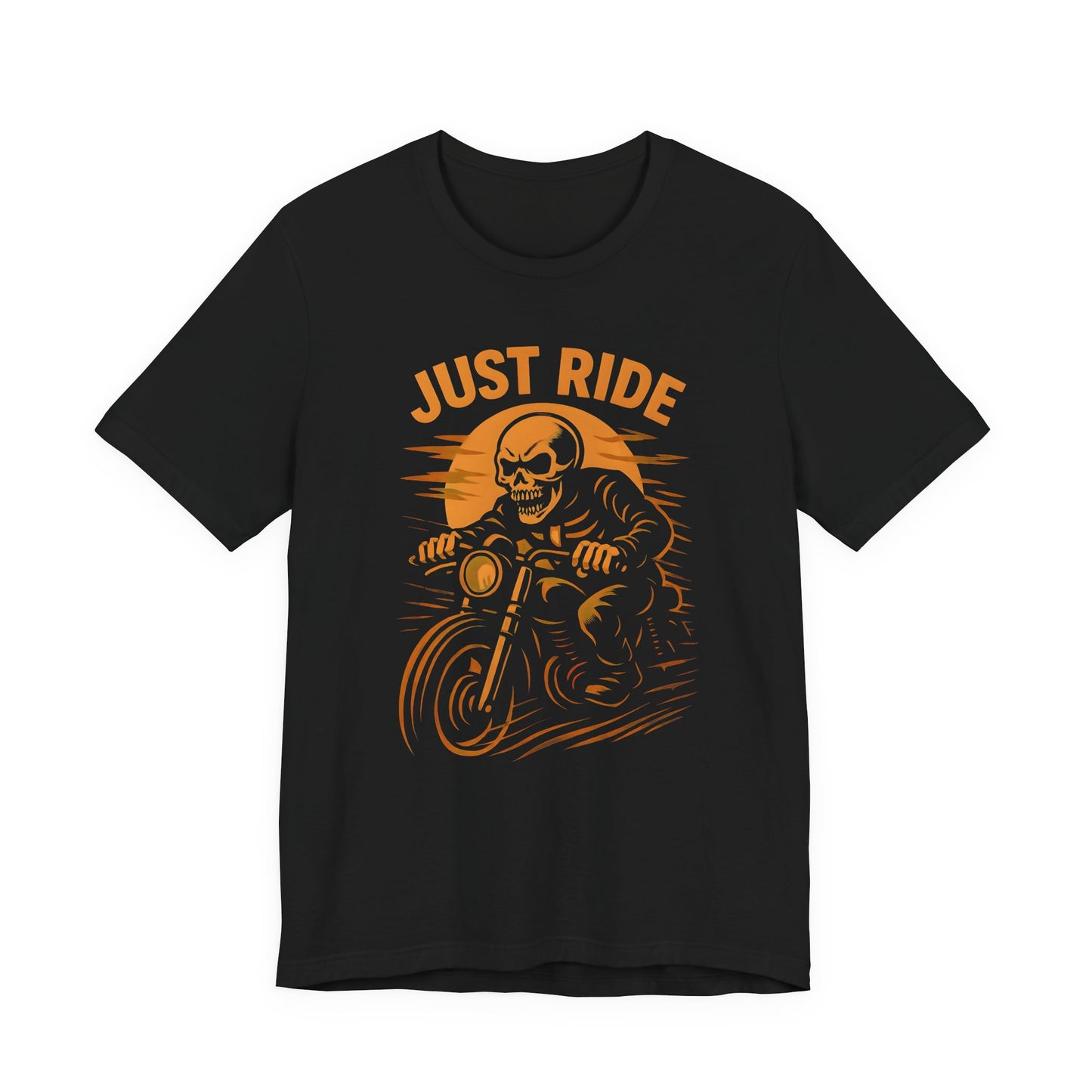 Just Ride Skull Motorcycle T-Shirt, Featuring a striking skull graphic tee design, it captures the essence of the open road, making it a perfect ghost rider shirt for enthusiasts.