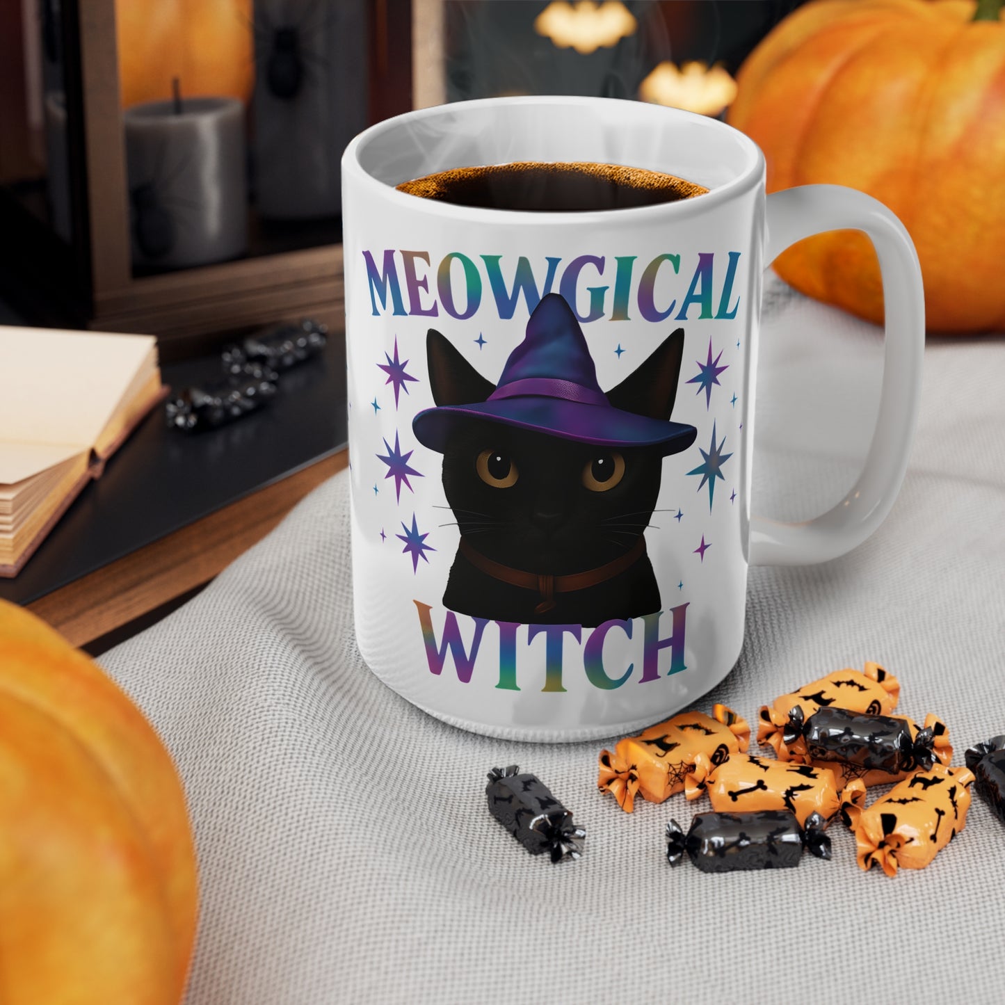 Meowgic Witch Cat Mug, This enchanting black cat mug casts a spell of delight with its whimsical design, complete with a meowgical cat adorned in witch hat.
