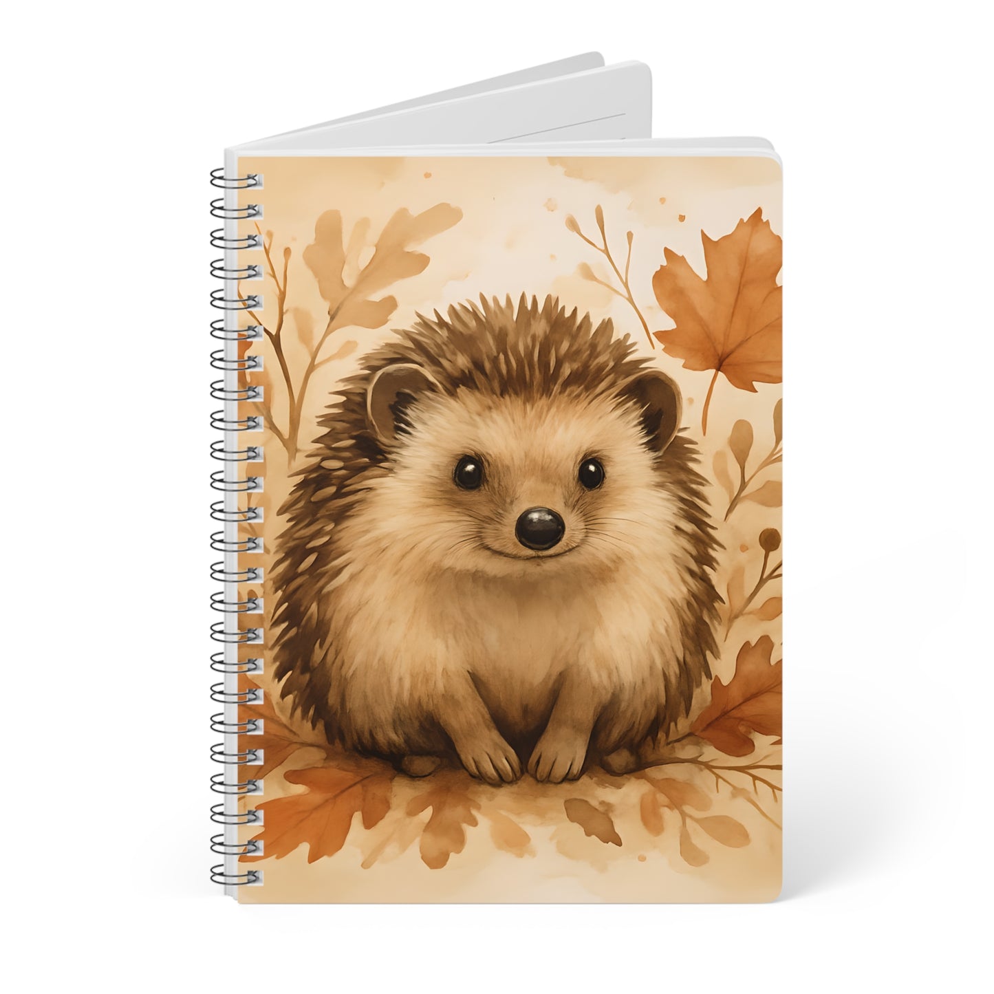 Autumn Hedgehog Notebook, This cute notebook spiral features delightful hedgehog image amidst an autumnal backdrop, capturing the heartwarming essence of a woodland creature.