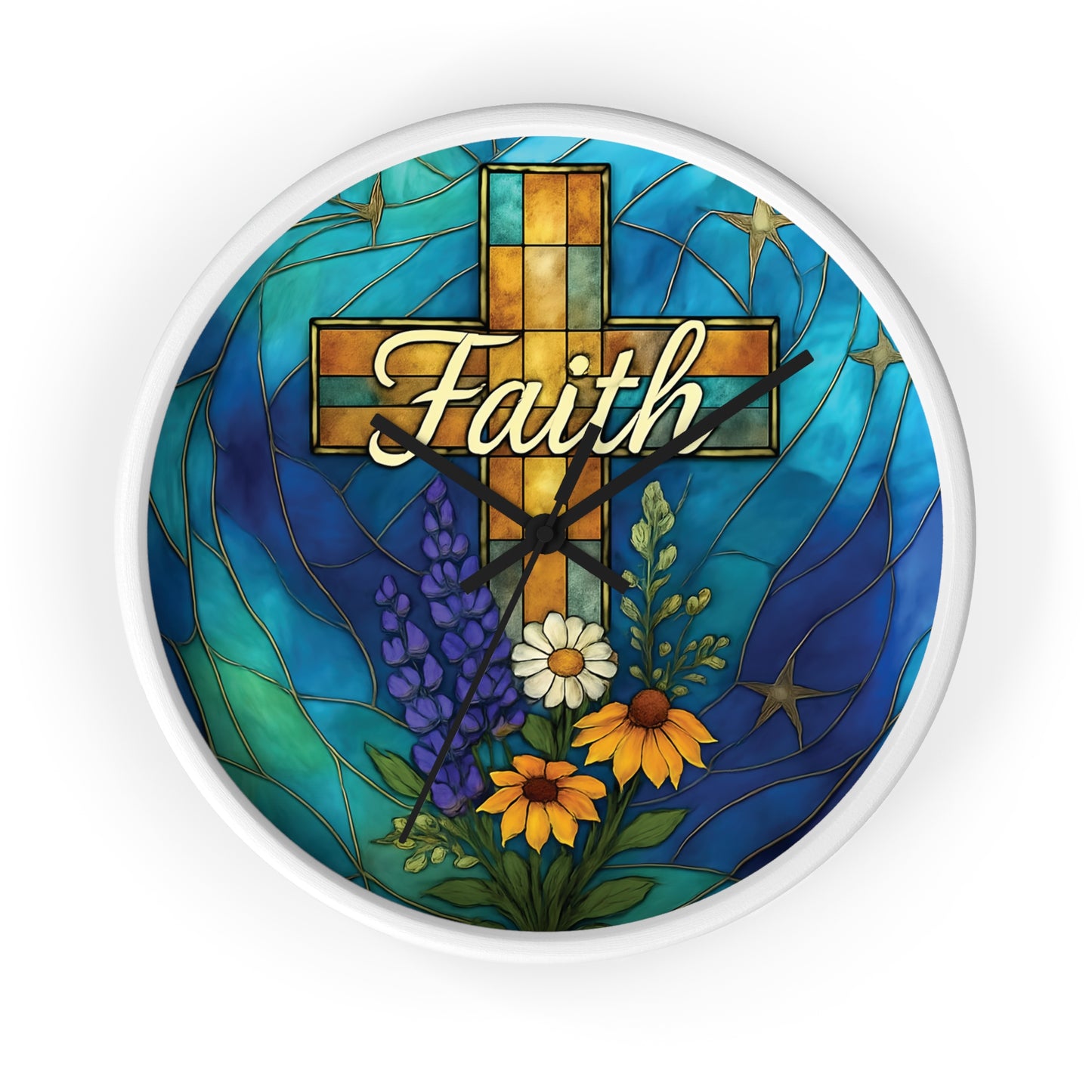 Christianity Faith Cross Stained Glass Effect Wall Clock, Perfect as a Christian clock or as thoughtful Christianity gifts.
