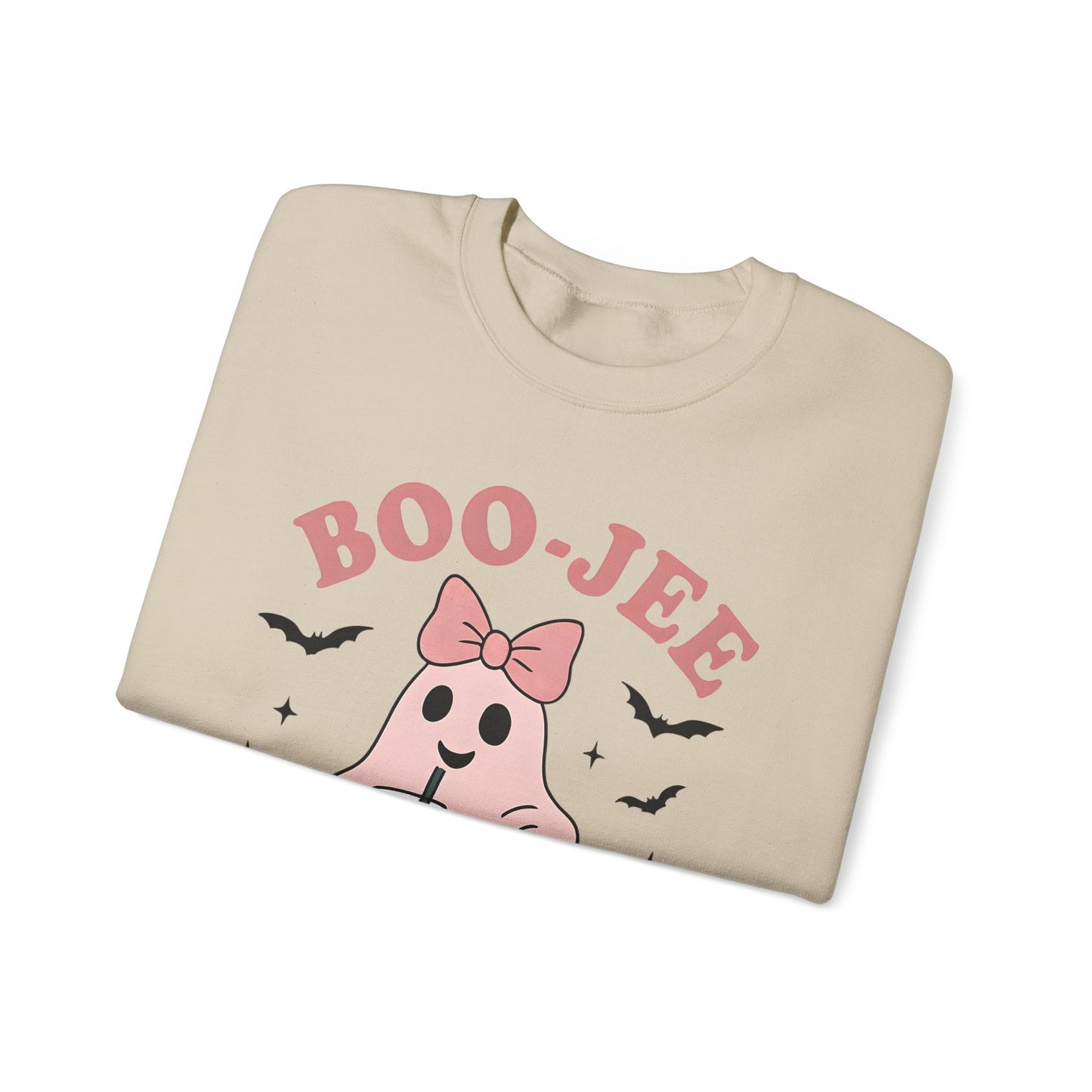 Boo-Jee Ghost Sweatshirt This playful garment, affectionately known as the boojee sweater, showcases charming ghosties adorned with a delightful pink bow.