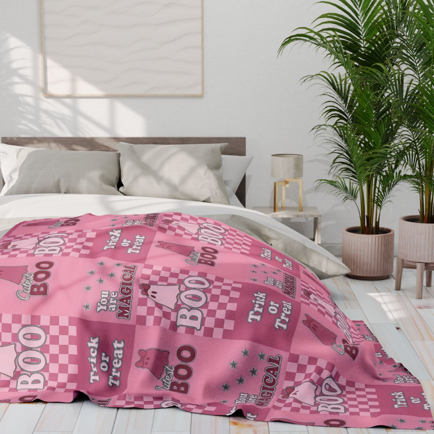Cutest Boo Pink Ghost Blanket, This soft and fluffy throw features charming ghosties dancing across a playful pink canvas, making it the perfect snuggle blanket for cozy nights in.