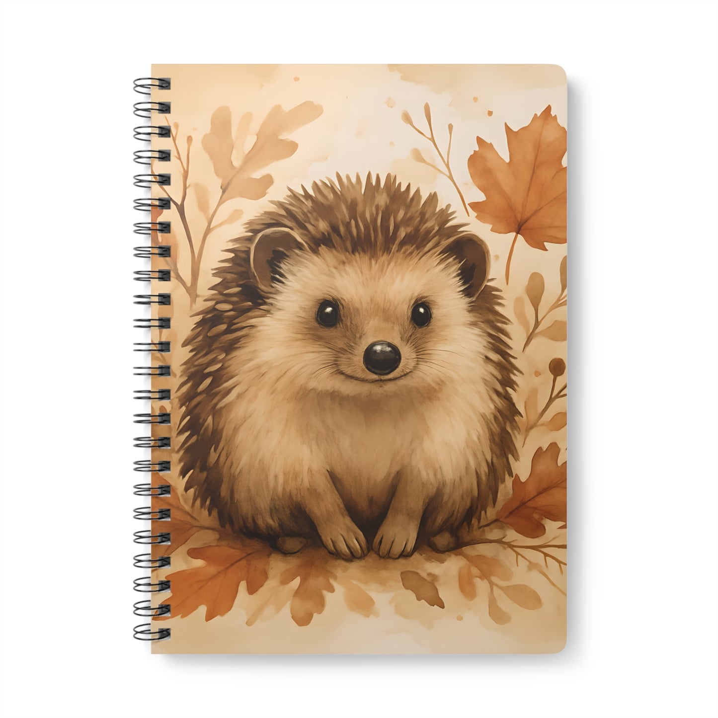 Autumn Hedgehog Notebook, This cute notebook spiral features delightful hedgehog image amidst an autumnal backdrop, capturing the heartwarming essence of a woodland creature.