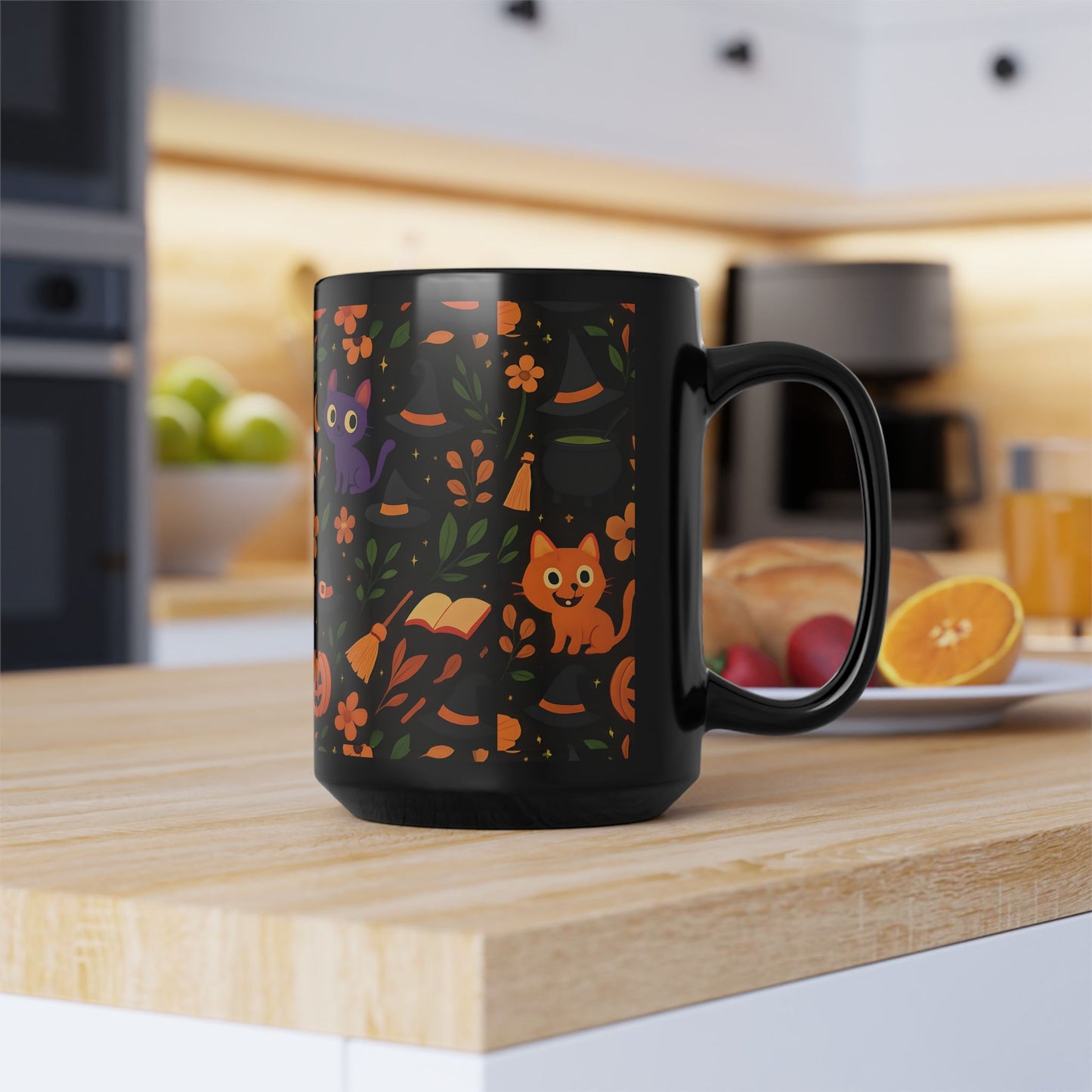 Colourful cat Halloween mug,featuring a cheeky cat with all things Halloween, making it the perfect spooky mug for both hot chocolates and enchanting brews.