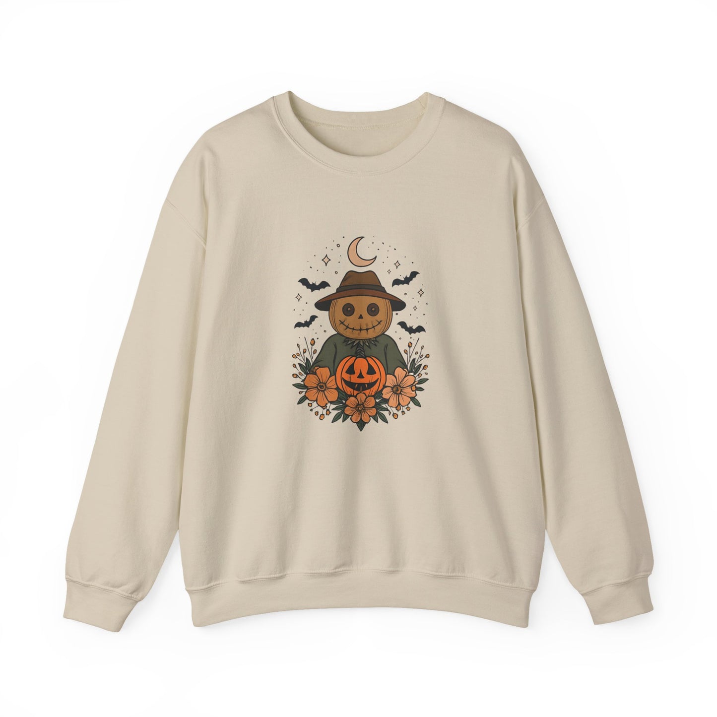 Cozy Halloween Sweatshirt with Scarecrow Design, The playful design featuring a whimsical scarecrow and autumnal elements creates a cheerful vibe, perfect for adding a festive touch to your wardrobe.