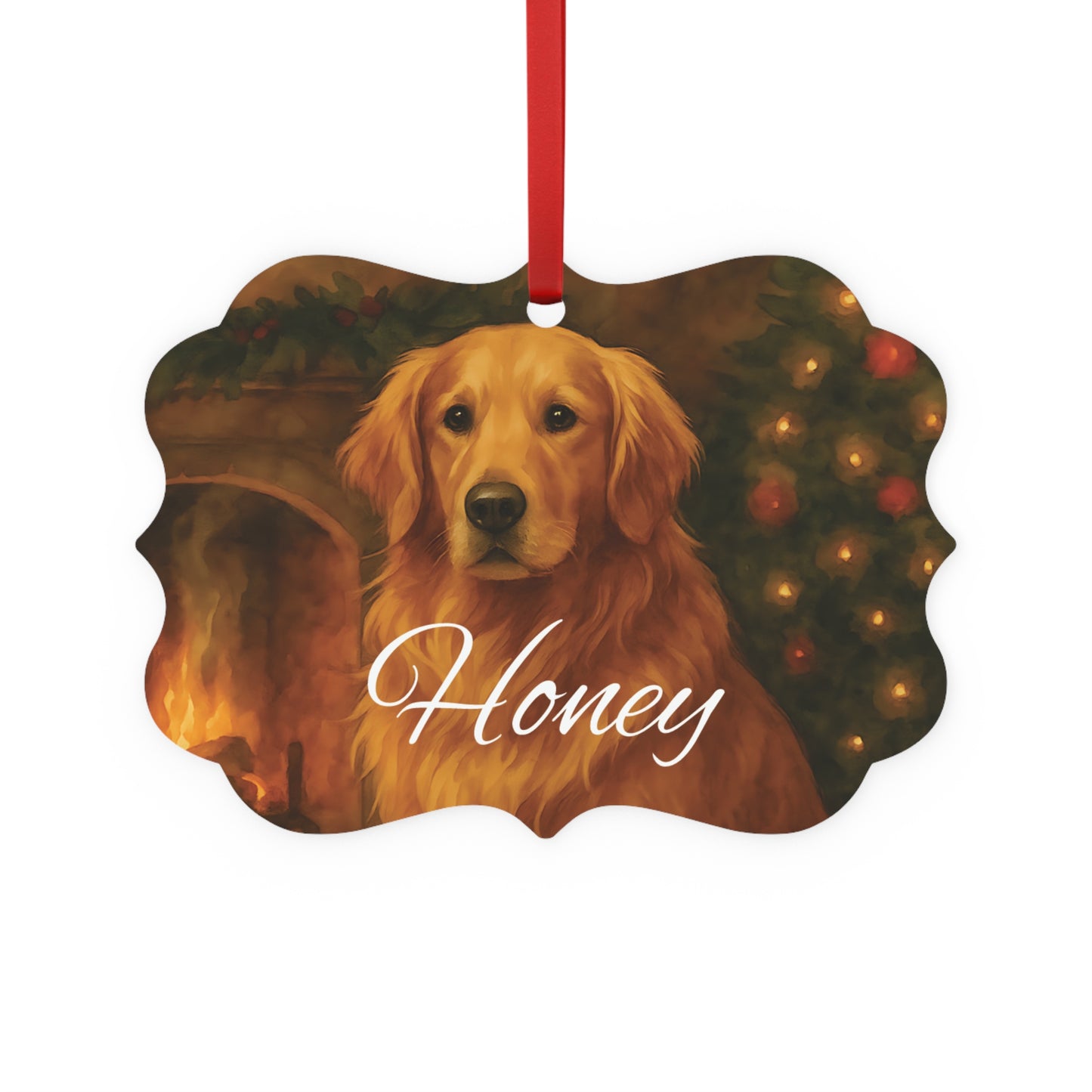Festive Gold Retriever Tree Ornament, this metal tree ornament wonderfully captures the spirit of your beloved family dog.