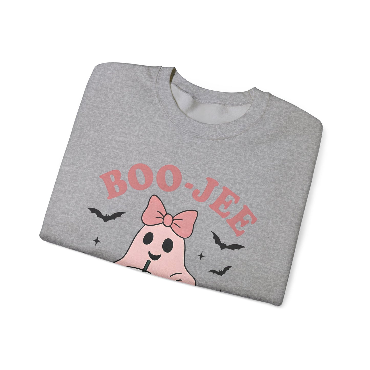 Boo-Jee Ghost Sweatshirt This playful garment, affectionately known as the boojee sweater, showcases charming ghosties adorned with a delightful pink bow.