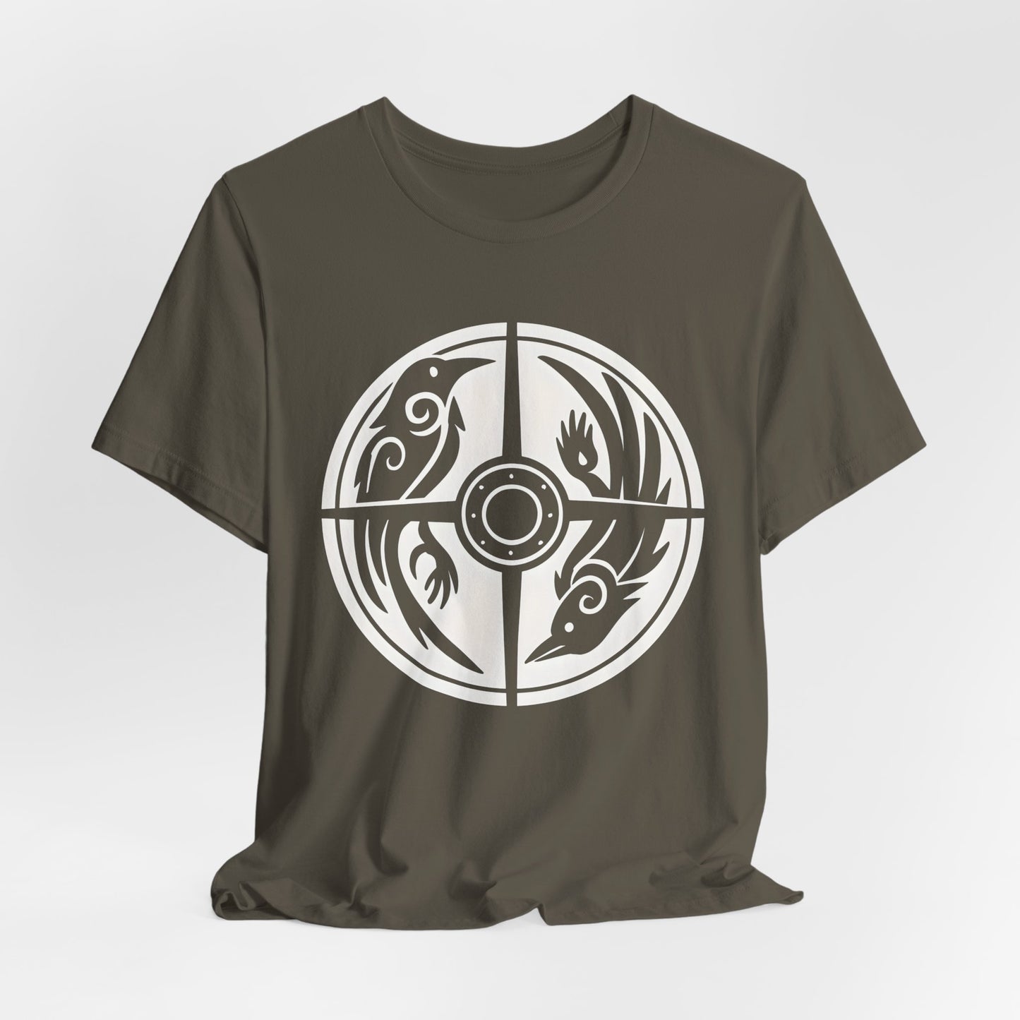 Norse Raven Shield T-shirt, Embrace the spirit of ancient warriors, an essential piece for any lover of Viking apparel.