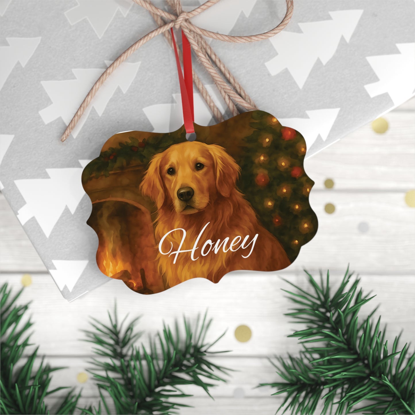 Festive Gold Retriever Tree Ornament, this metal tree ornament wonderfully captures the spirit of your beloved family dog.