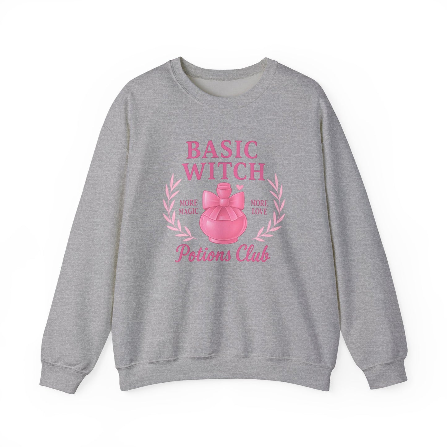 Basic Witch Potions Club Sweatshirt, This witchy sweatshirt exudes autumnal charm with its soft fabric that’s perfect for sweater weather, and features a whimsical potion bottle design reminiscent of a witches brew.