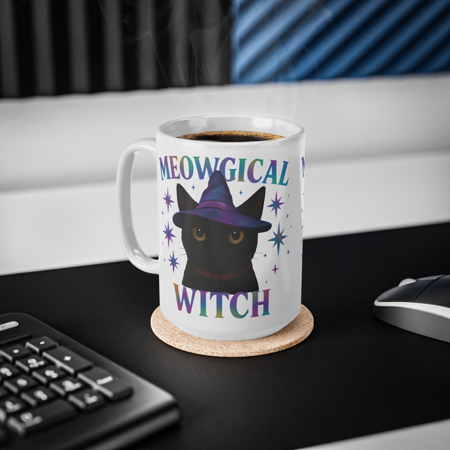 Meowgic Witch Cat Mug, This enchanting black cat mug casts a spell of delight with its whimsical design, complete with a meowgical cat adorned in witch hat.