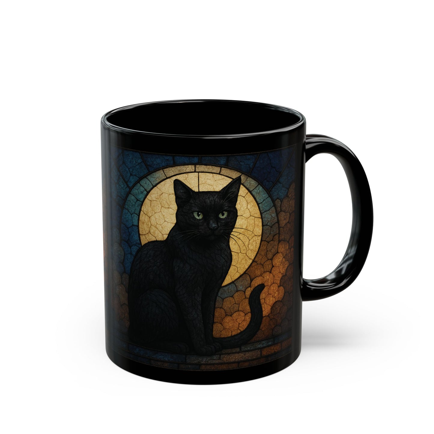 Moon Cat Stained Glass Effect Mug, Embrace the mysterious elegance with every sip, and let this cat stained glass masterpiece become your new favorite moon mug. witchy gift
