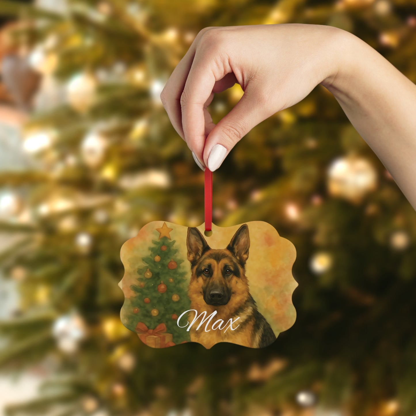 Festive German Shepherd Tree Ornament, A beautifully designed piece, it stands out among festive ornaments, honoring the noble german shepherd dog in style.