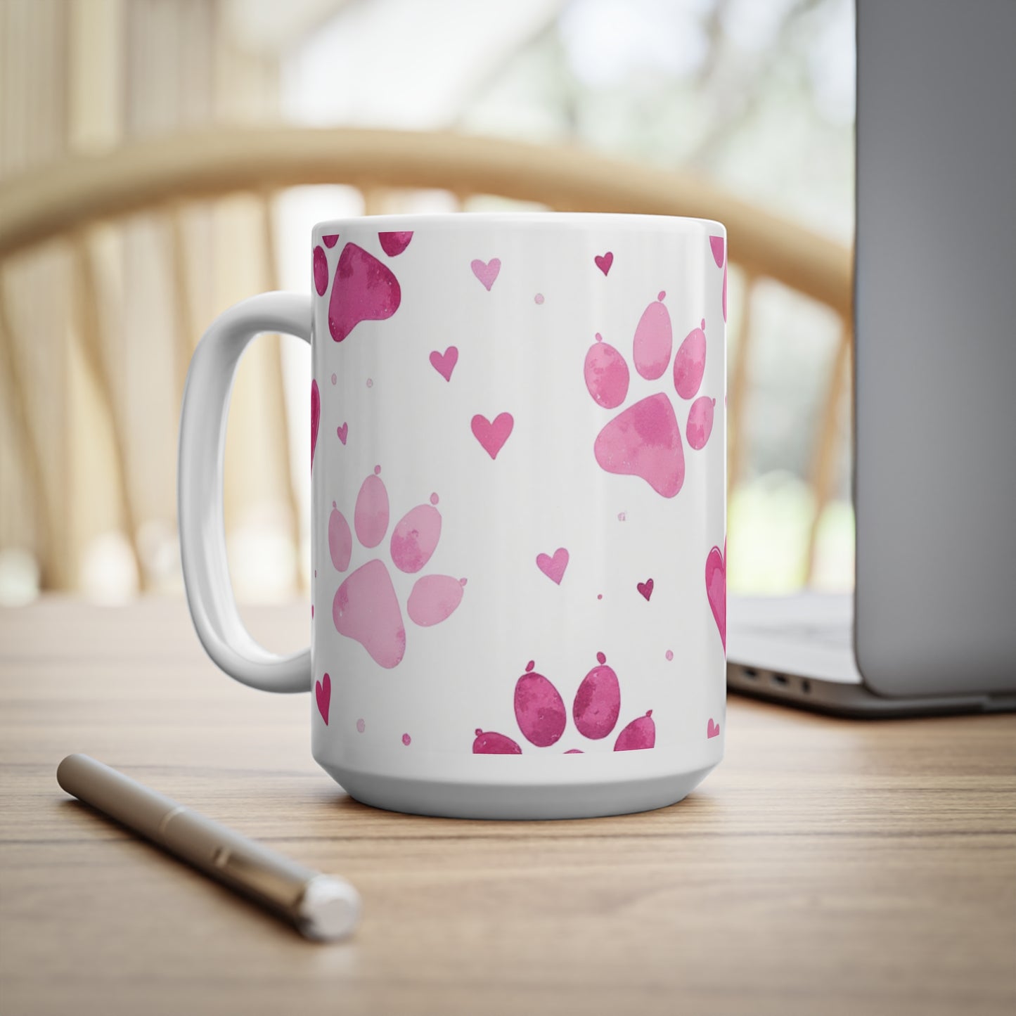 Dog Lover Ceramic Coffee Cup, Pink Paws Design - Great Gift for Pet Lovers, 11oz, 15oz Mug.