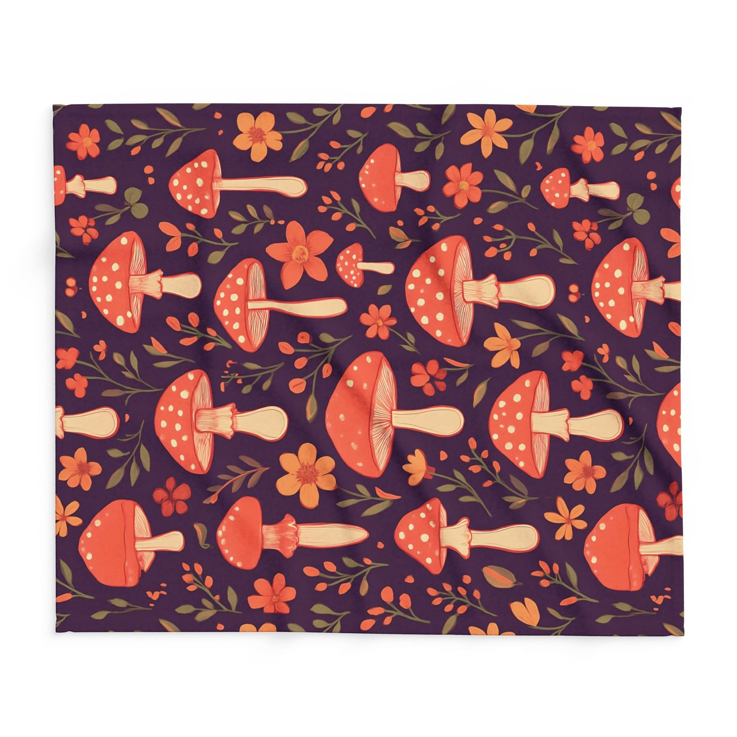 Cozy Mushroom Blanket, The enchanting mushroom pattern, set against a rich plum throw, turns any sofa into an autumnal paradise.
