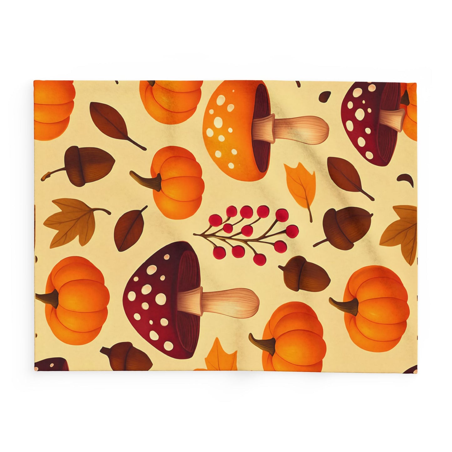 Cozy Autumn Pumpkin Blanket, This plush, cozy fleece blanket captures the essence of the season with its vibrant pumpkin and shroom motifs.
