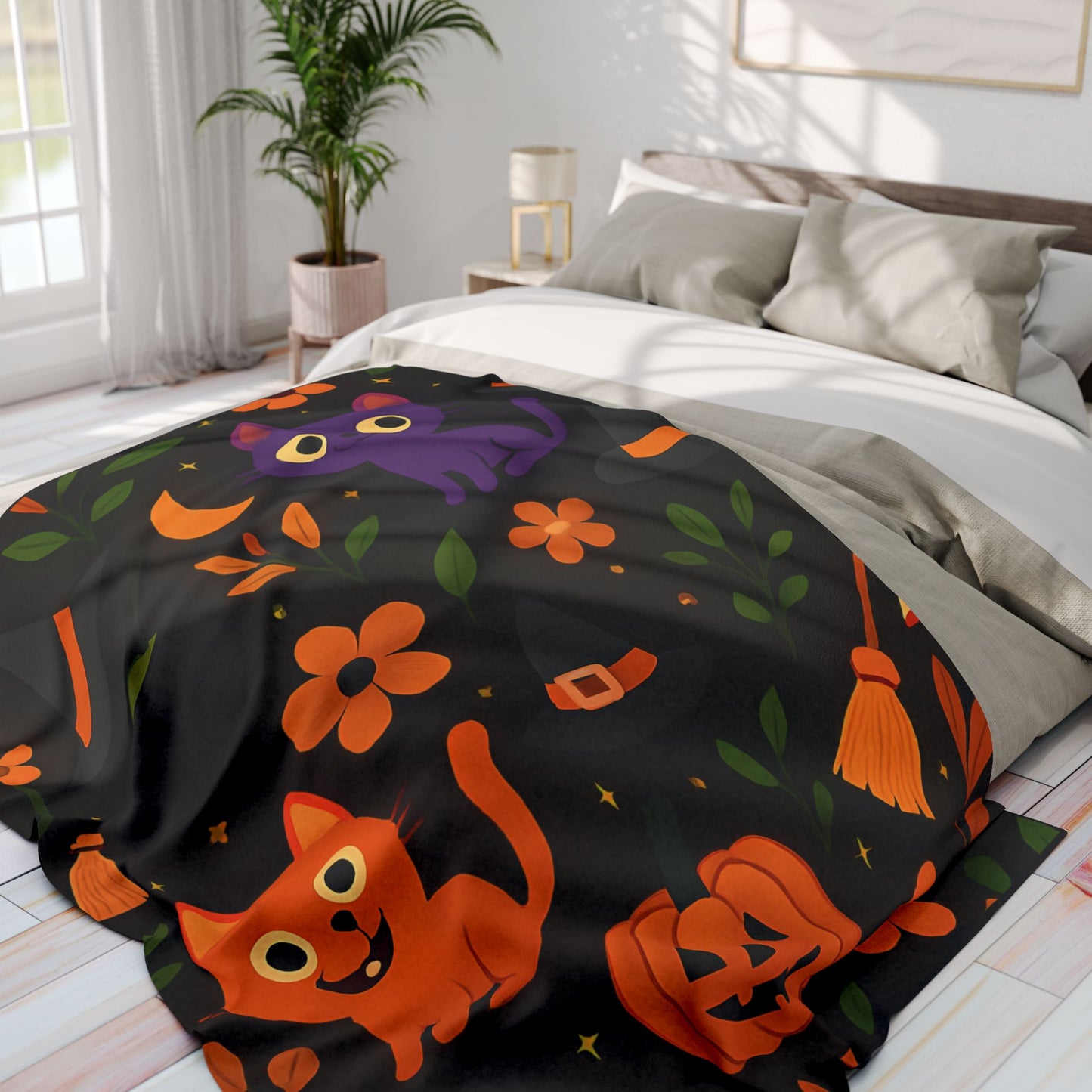 Halloween Blanket, The witchy blanket brings a touch of whimsy and warmth to any space, making it ideal as a spooky blanket or for witchy room decor.