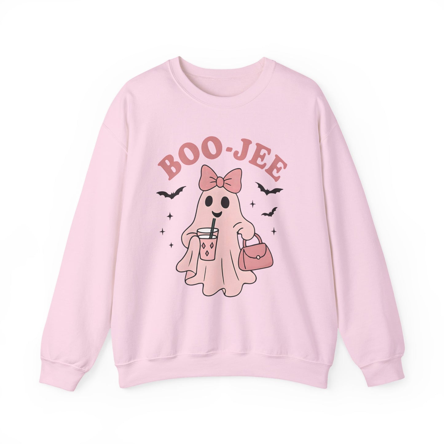 Boo-Jee Ghost Sweatshirt This playful garment, affectionately known as the boojee sweater, showcases charming ghosties adorned with a delightful pink bow.