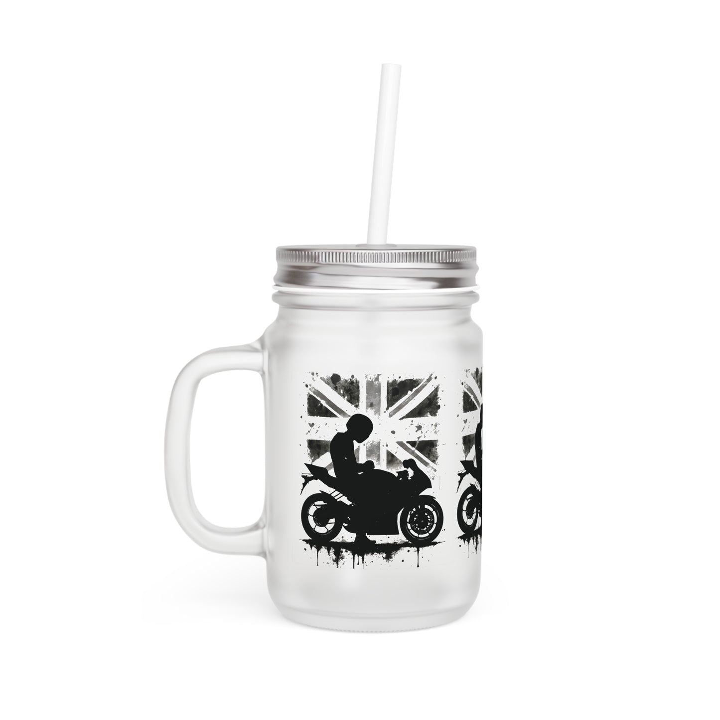 Union Jack Mason Jar with Straw, great Biker Dad Gift idea.