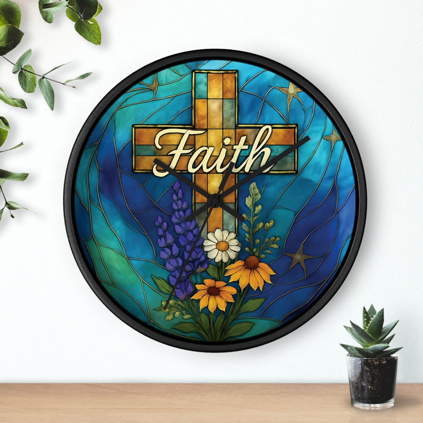 Christianity Faith Cross Stained Glass Effect Wall Clock, Perfect as a Christian clock or as thoughtful Christianity gifts.