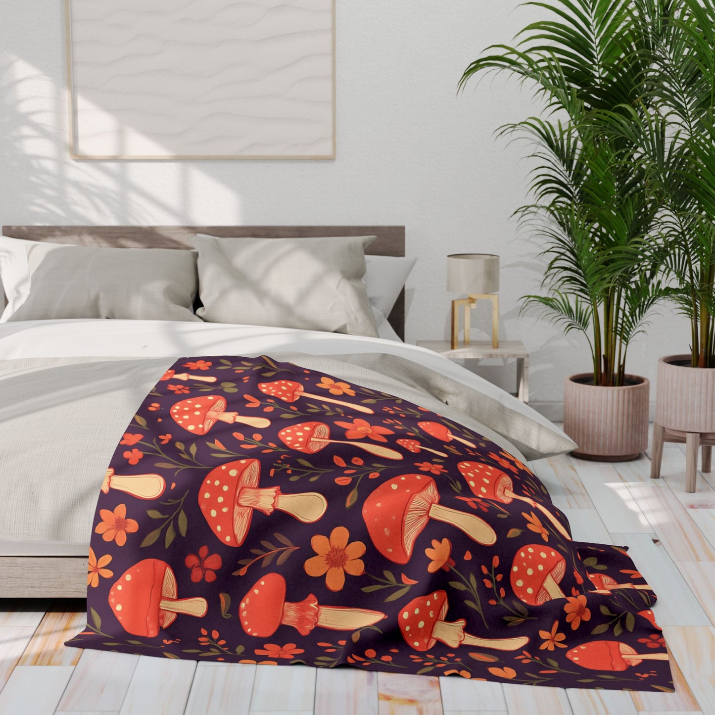 Cozy Mushroom Blanket, The enchanting mushroom pattern, set against a rich plum throw, turns any sofa into an autumnal paradise.