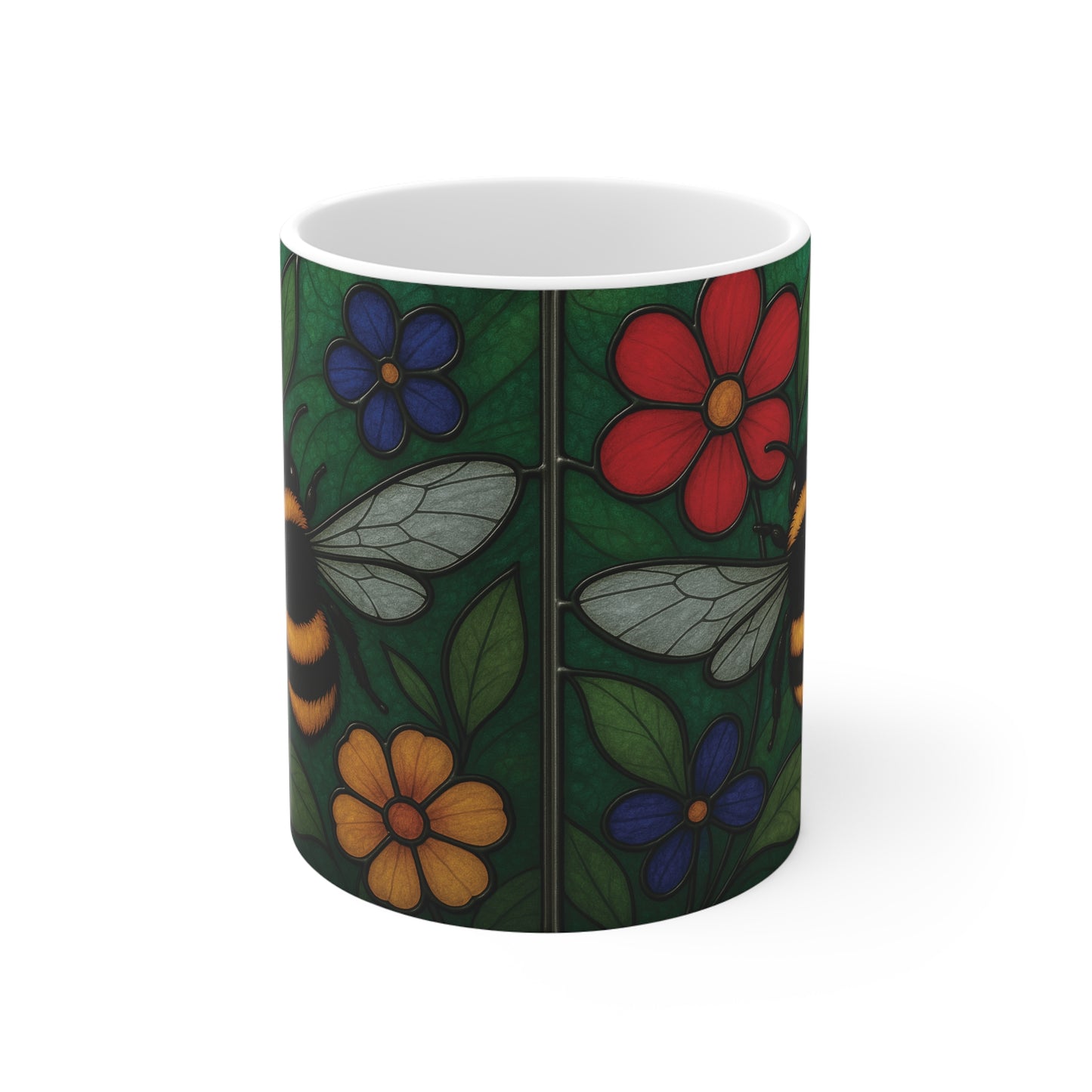 Bumblebee Mug Stained Glass Effect, Perfect for any bee lover, this bee coffee mug captures the delicate beauty of a bustling garden scene, making it an ideal bee lover gift or beekeeper gift.