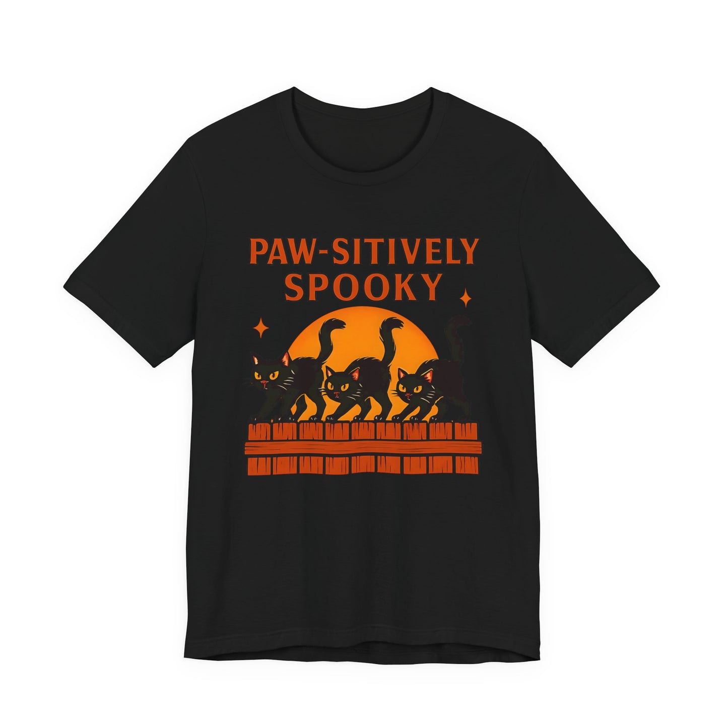 Paw-sitively Spooky Cat Tshirt, Whether you're a devoted cat dad or gifting it to a feline-loving friend, this cute Halloween cat apparel spreads pawsitive vibes with its blend of spooky black cats and cheeky charm.