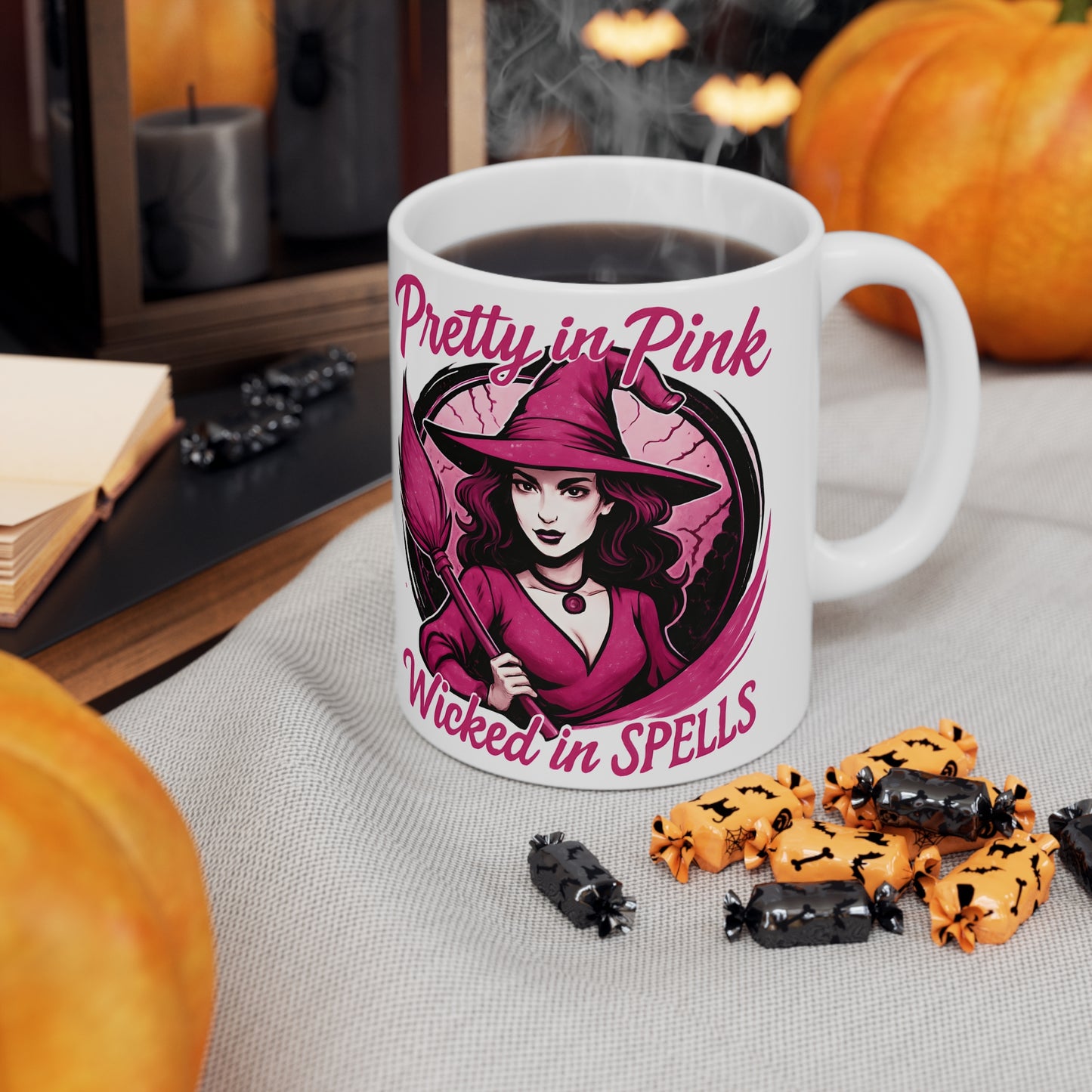 Pretty in Pink Witch Mug, Wicked Spells Coffee Mug, This pink witch mug is perfect for those who relish in the whimsical world of magic and brew.