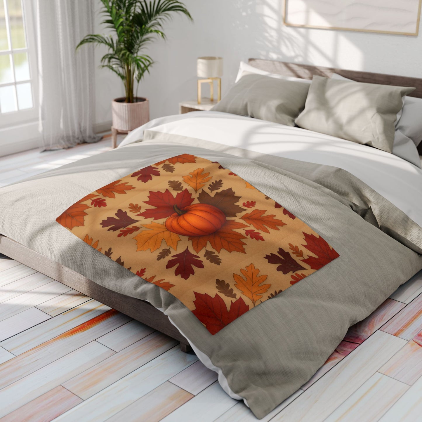 Autumn Leaves and Pumpkin Blanket, this comfy blanket is an autumn symphony for your senses. Perfect as a snuggle blanket for chilly nights or an elegant addition to your autumn decorations.