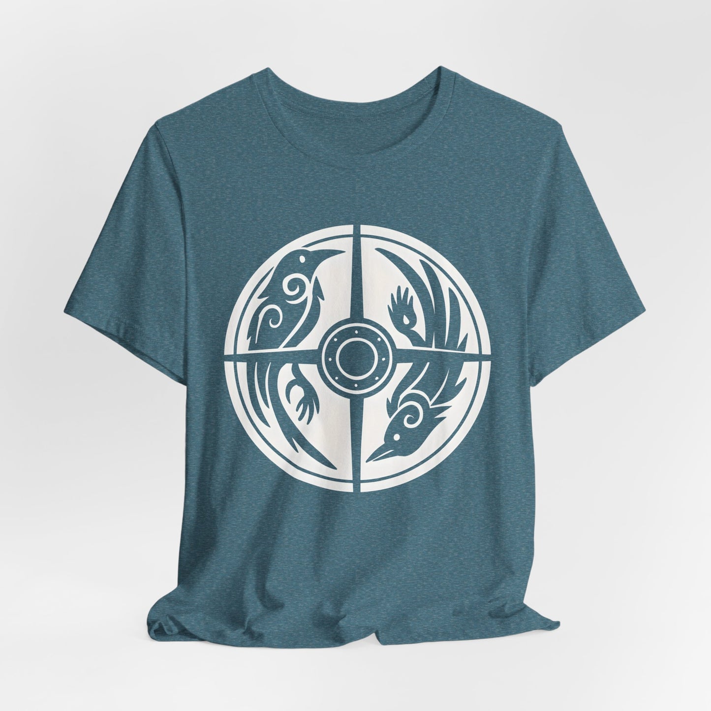Norse Raven Shield T-shirt, Embrace the spirit of ancient warriors, an essential piece for any lover of Viking apparel.