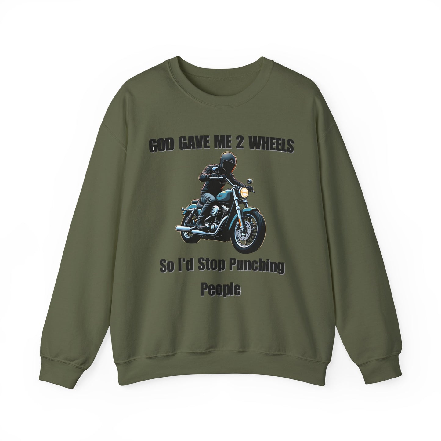 God Gave Me 2 Wheels Sweatshirt, The light-hearted motorcycling-themed graphic adds a fun twist, making it the perfect companion for casual outings or bike rides.