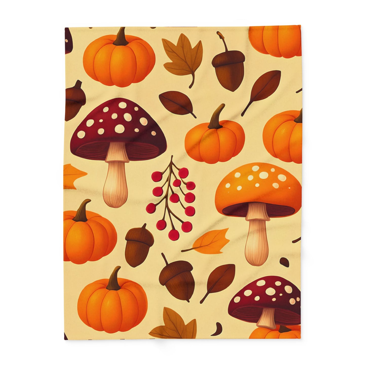 Cozy Autumn Pumpkin Blanket, This plush, cozy fleece blanket captures the essence of the season with its vibrant pumpkin and shroom motifs.