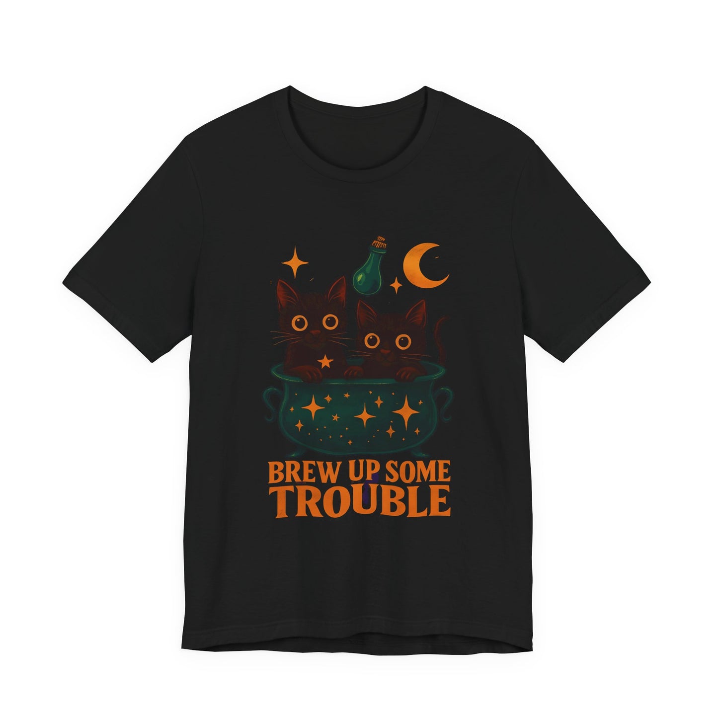 Brew Up Some Trouble Cat Witchy T-shirt, The seamless blend of mystical charm and humor makes this shirt a must-have for any lover of cute Halloween cat apparel.