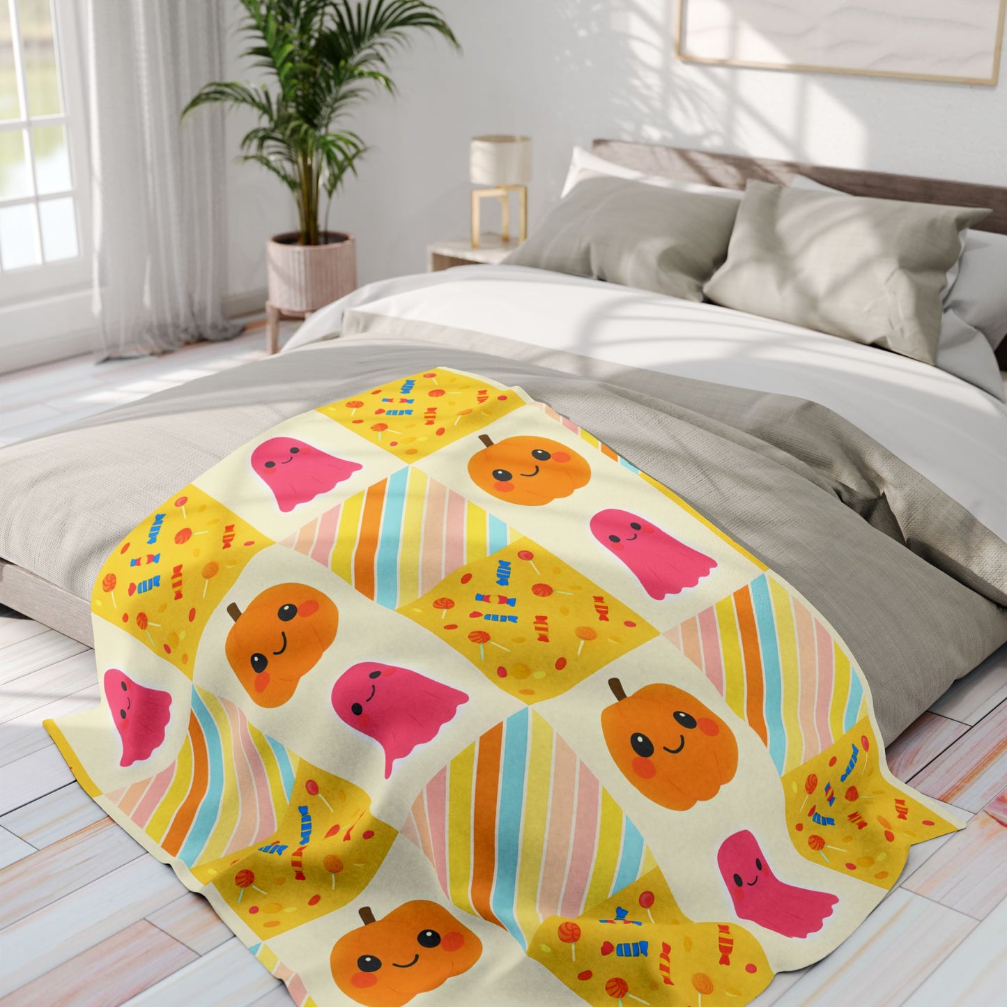 Halloween Ghosty Pumpkin Sweets Fleece Blanket, Perfect for snuggling during chilly nights,a cherished piece of spooky season decor.