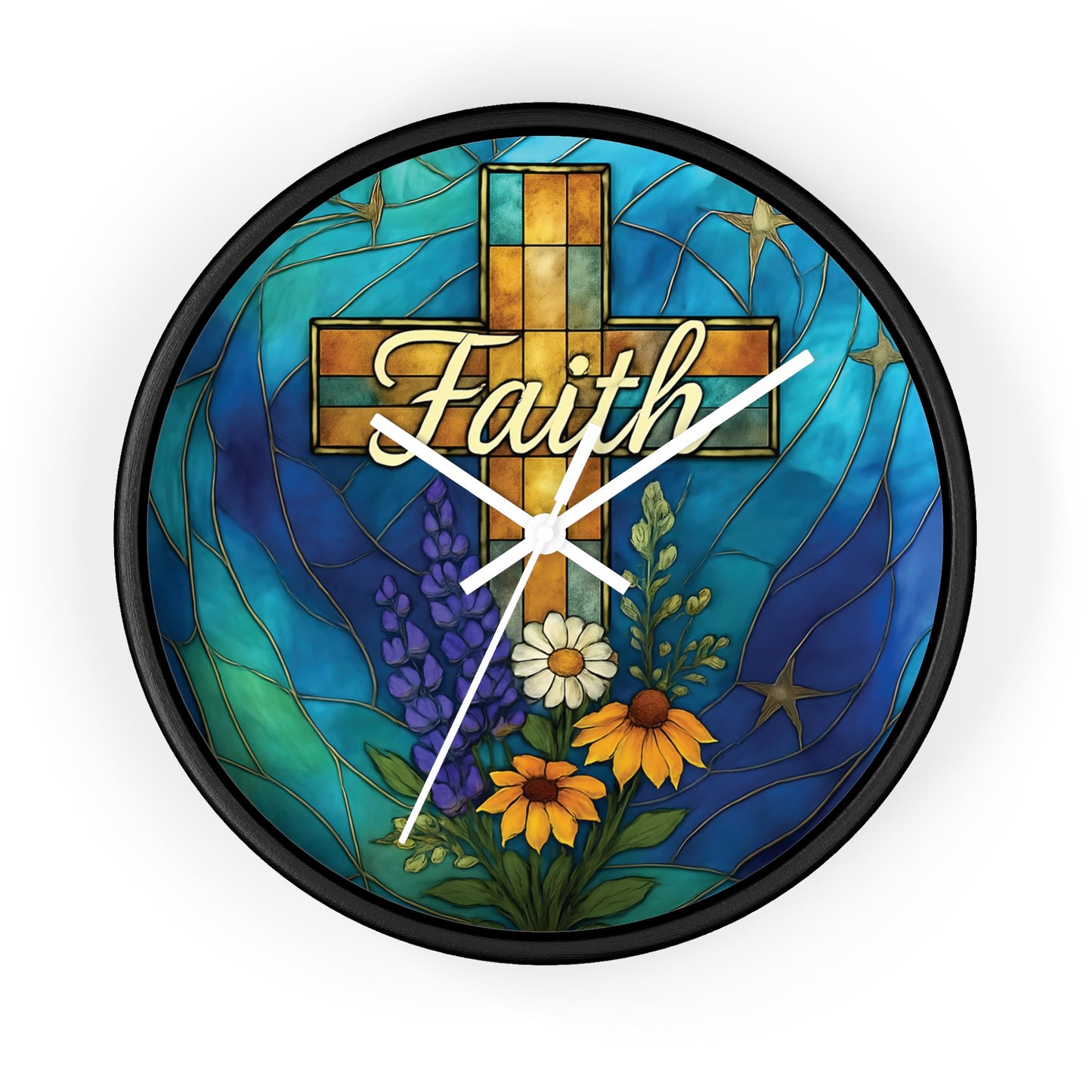 Christianity Faith Cross Stained Glass Effect Wall Clock, Perfect as a Christian clock or as thoughtful Christianity gifts.