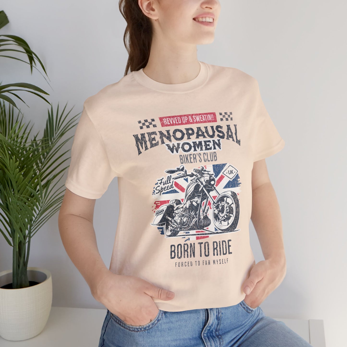 Menopausal Women's Biker Club T-Shirt, Menopause Humor Shirt, Female Biker Tee, Motorcycle Mom Gift, Moto Mama Shirt, Union Jack, Biker Babe
