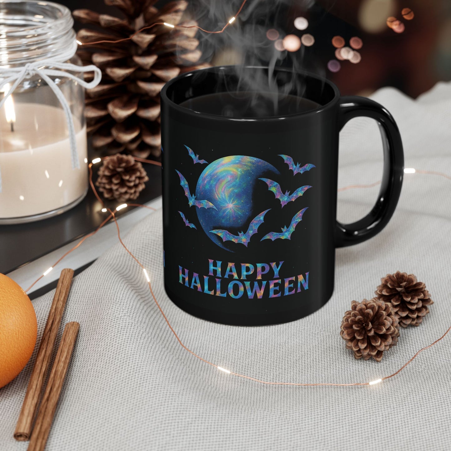 Happy Halloween Holographic Style Bat Mug, an essential addition to your coffee cup designs collection, celebrating the spooky season in style.