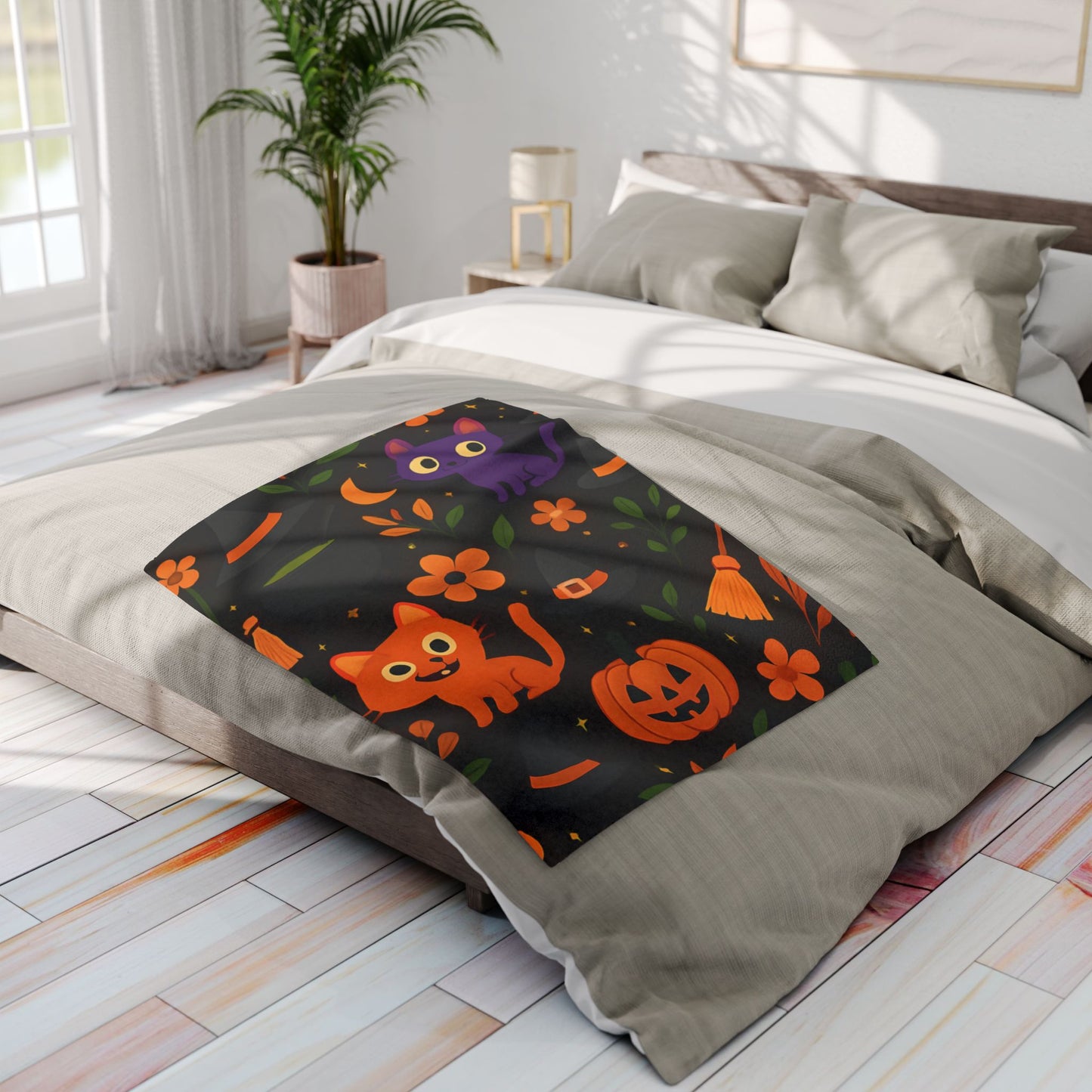 Halloween Blanket, The witchy blanket brings a touch of whimsy and warmth to any space, making it ideal as a spooky blanket or for witchy room decor.