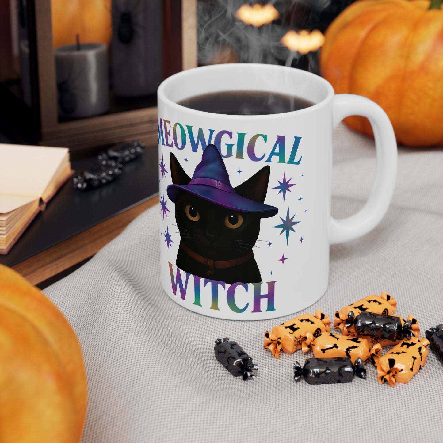 Meowgic Witch Cat Mug, This enchanting black cat mug casts a spell of delight with its whimsical design, complete with a meowgical cat adorned in witch hat.