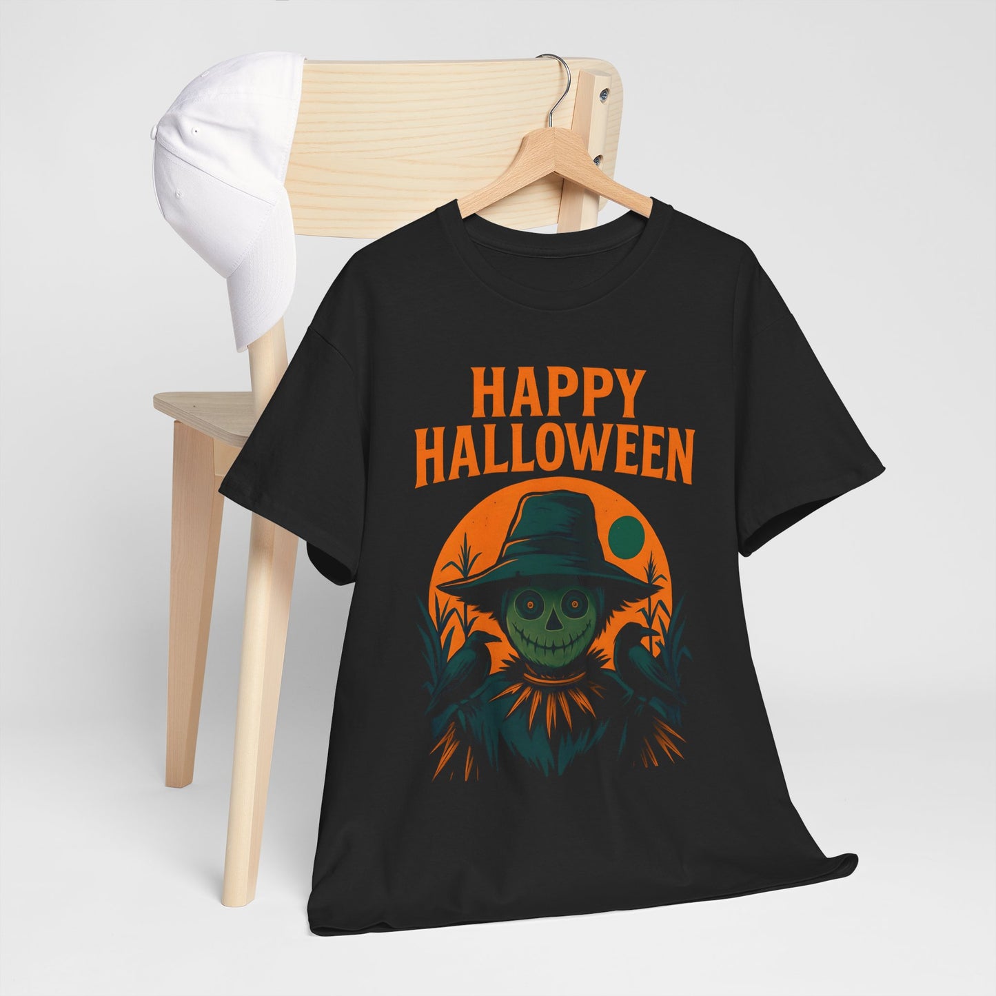 Halloween Scarecrow Tee, With its eye-catching Halloween design featuring a spooky scarecrow, this shirt brings a fun, festive vibe to your wardrobe.