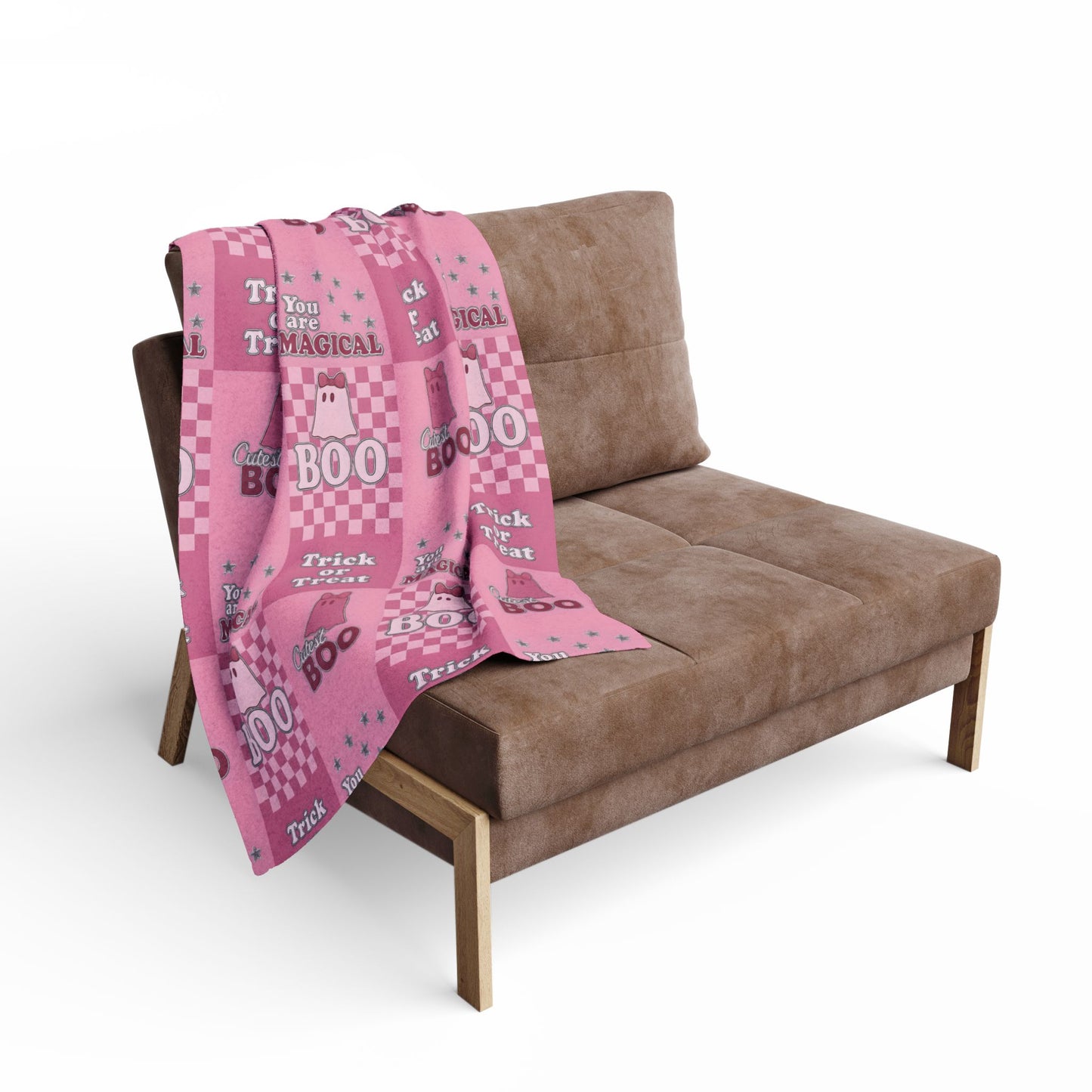 Cutest Boo Pink Ghost Blanket, This soft and fluffy throw features charming ghosties dancing across a playful pink canvas, making it the perfect snuggle blanket for cozy nights in.