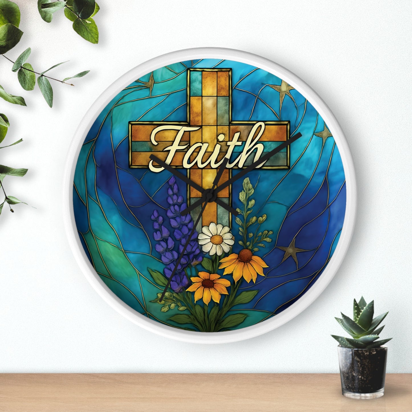 Christianity Faith Cross Stained Glass Effect Wall Clock, Perfect as a Christian clock or as thoughtful Christianity gifts.