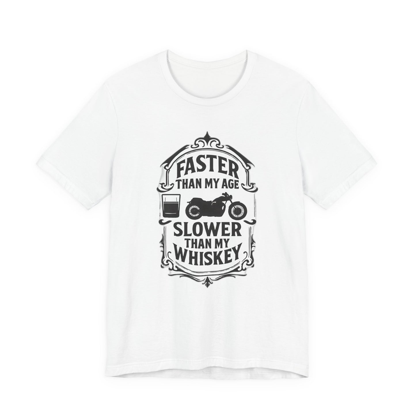 Faster Than My Age Slower Than My Whiskey T-shirt, This vintage-inspired motorbike tee is a salute to the open road, perfect as both biker apparel and a distinctive biker gift