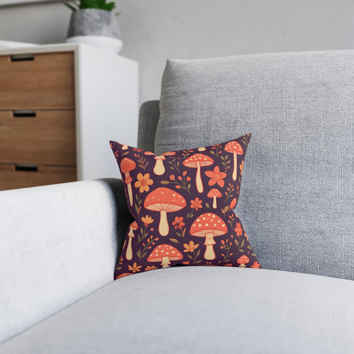 Mushroom Pillow, Perfect as a throw pillow cushion, it transforms any space with its soft plum hue and charming shroom motif, inviting warmth and comfort into your home.