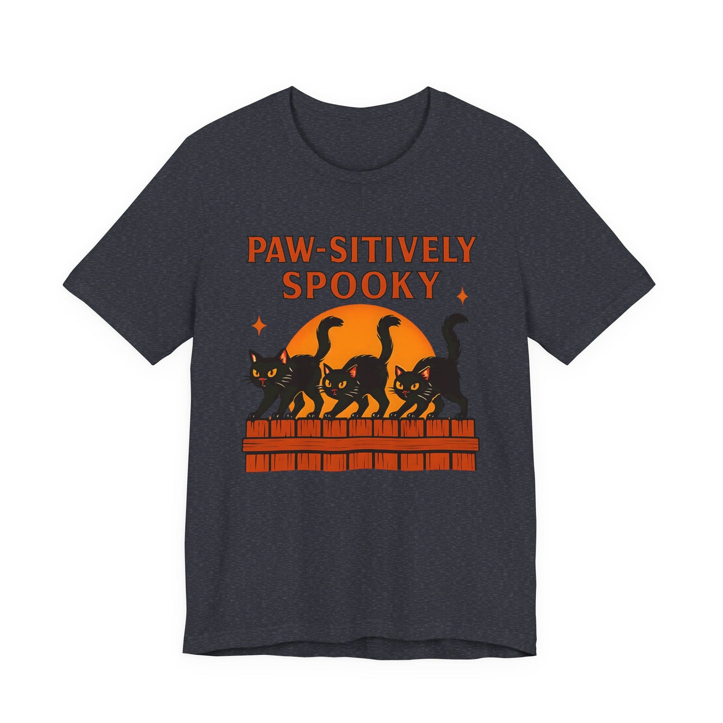Paw-sitively Spooky Cat Tshirt, Whether you're a devoted cat dad or gifting it to a feline-loving friend, this cute Halloween cat apparel spreads pawsitive vibes with its blend of spooky black cats and cheeky charm.